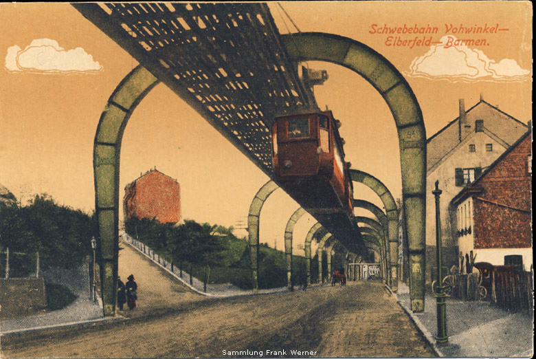 Die Schwebebahn ber der Kaiserstrae am Abzweig Schillerstrae auf einer Postkarte zwischen 1920 und 1923 (Sammlung Frank Werner)