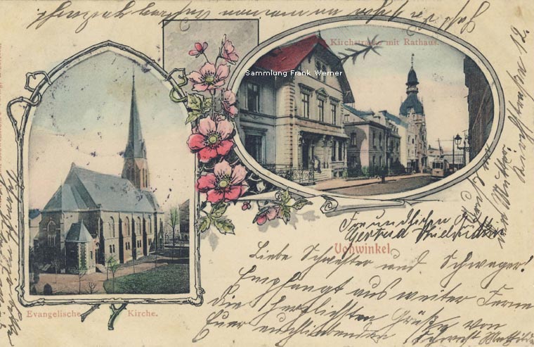 Die Evangelische Kirche und die Kirchstraße mit Rathaus Vohwinkel auf einer Postkarte von 1905 (Sammlung Frank Werner)