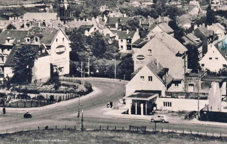 Die Tankstelle am Westring in Wuppertal-Vohwinkel auf einer Postkarte von 1951 - Ausschnitt (Sammlung Frank Werner)