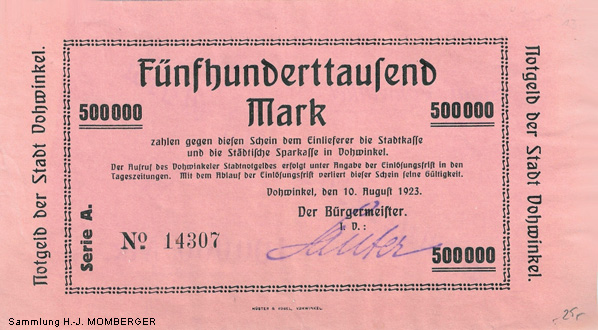 Notgeld Vohwinkel Fünfhunderttausend Mark (Sammlung H.-J. MOMBERGER)