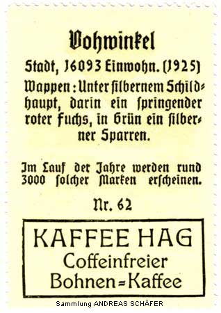Werbemarke KAFFEE HAG mit Stadtwappen von Vohwinkel - Rückseite (Sammlung Andreas Schäfer)
