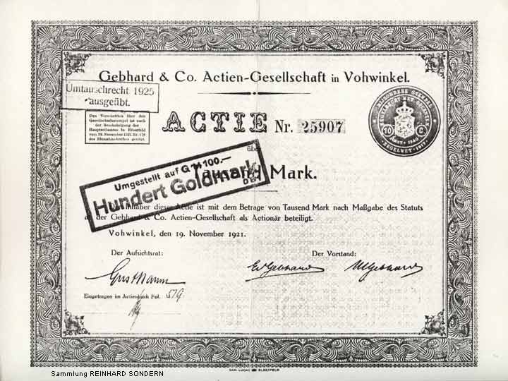 Actie Gebhard & Co. Actien-Gesellschaft in Vohwinkel vom 19. November 1921 (Fotokopie Sammlung Reinhard Sondern)