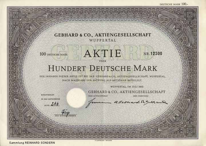 Aktie Gebhard & Co. Aktiengesellschaft Wuppertal von Juli 1953 (Sammlung Reinhard Sondern)