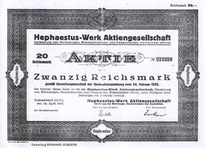 Actie Hephaestus-Werk Aktiengesellschaft Vohwinkel vom 24. April 1925 (Fotokopie Sammlung Reinhard Sondern)